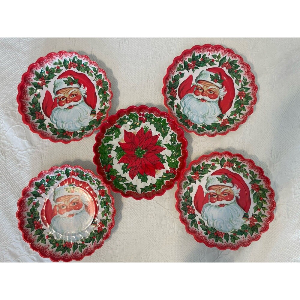 5 MCM Scalloped Classic Christmas Cookie Plates Santa Claus Poinsettia Plastic